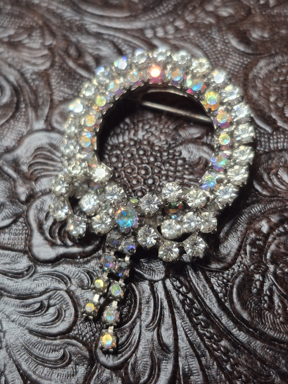 Vintage Crystal Circle Drop Brooch - Clear Aurora Rhinestones